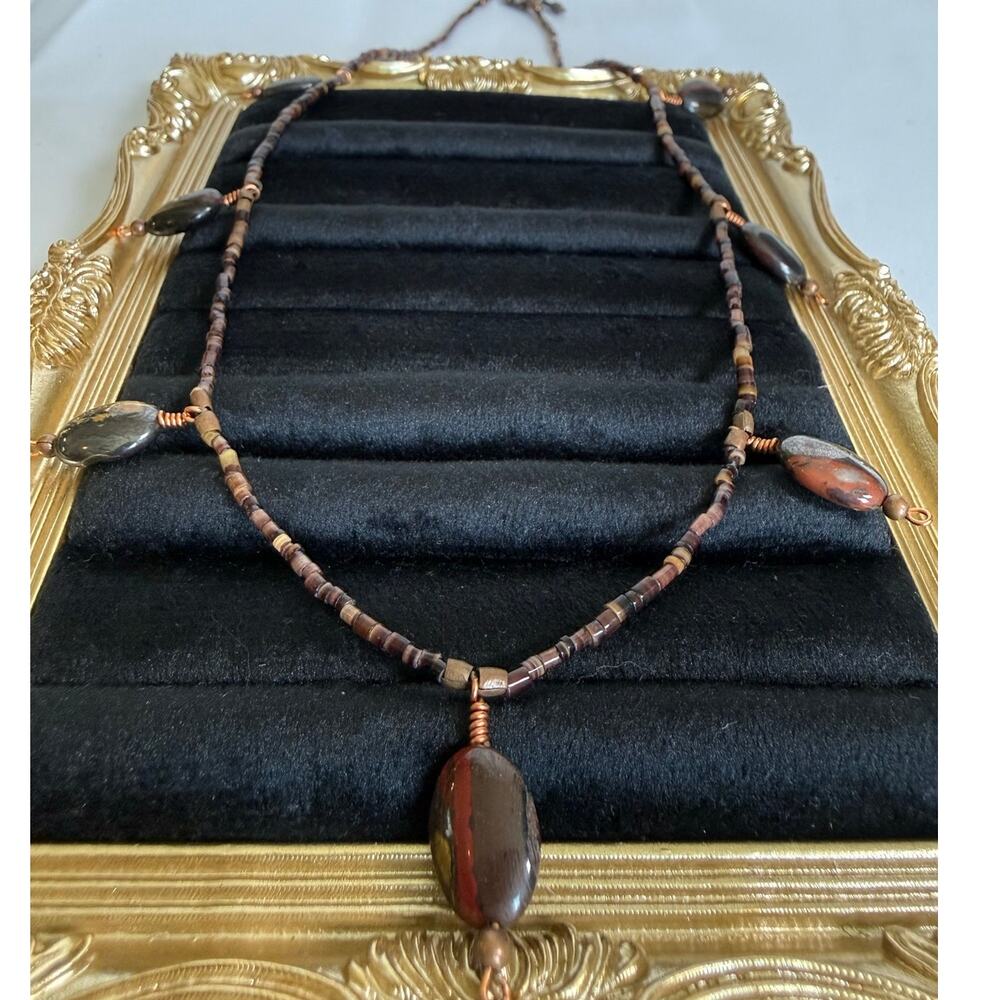 Tiger Iron Beaded Necklace 21" Boho Statement Stone Earth Tone Artisan